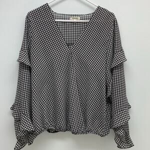Max Studio Womens XL Blouse Black White Sheer V Neck Ruffle Blouson Wrap Front